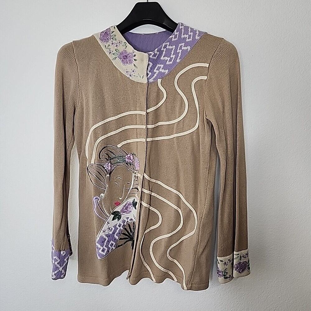 Storybook Knits M Asian Inspired Cardigan Purple Tan Geisha‎ Fan Grandmacore